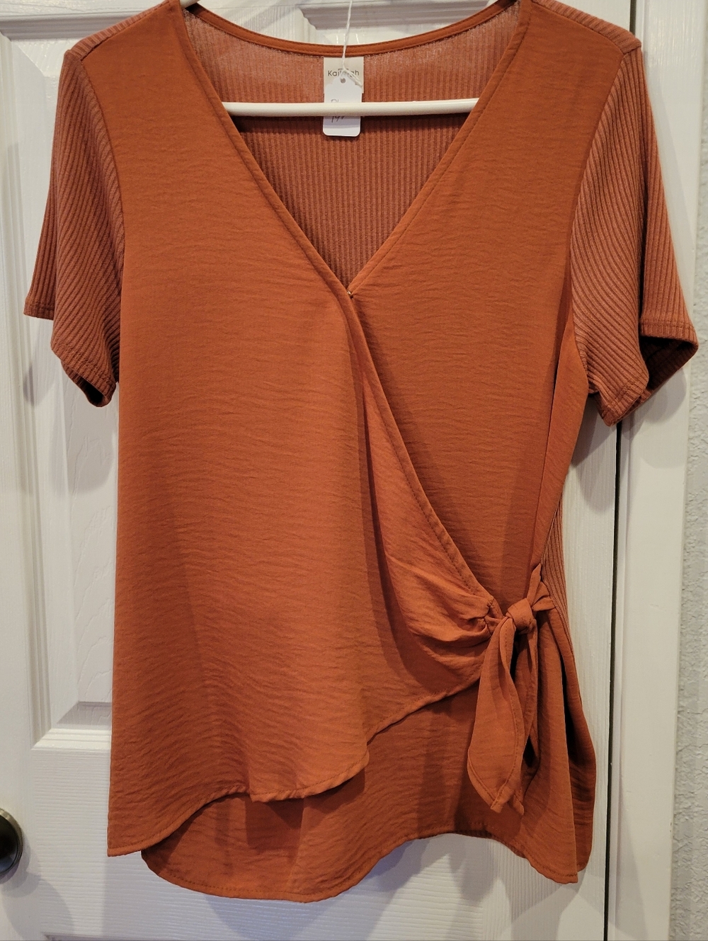 Kaileigh Rust-Orange Wrap Tie Short-Sleeve Top